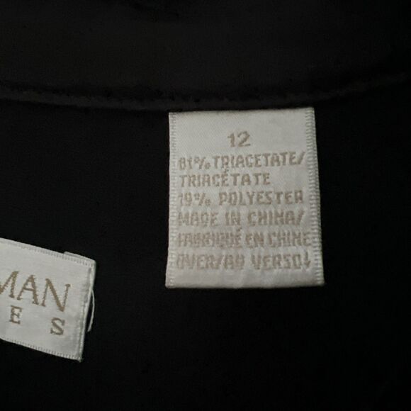 DANA BUCHMAN Button Down Black Dress Size 12 Satin Like Collar Cuffs Bottom Hem - Picture 7 of 14